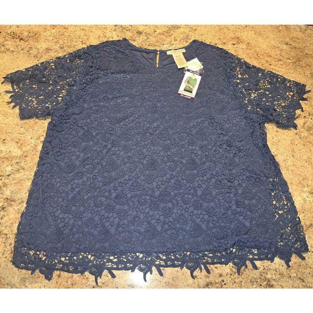 PHILOSOPHY Womens Shirt Blouse Denim Blue‎ Lace Top Size 2X NWT